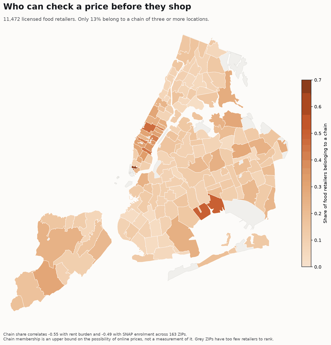 Map of New York City ZIP codes shaded by the share of food retailers belonging to a chain. Manhattan is darkest, Brooklyn and Queens are palest.